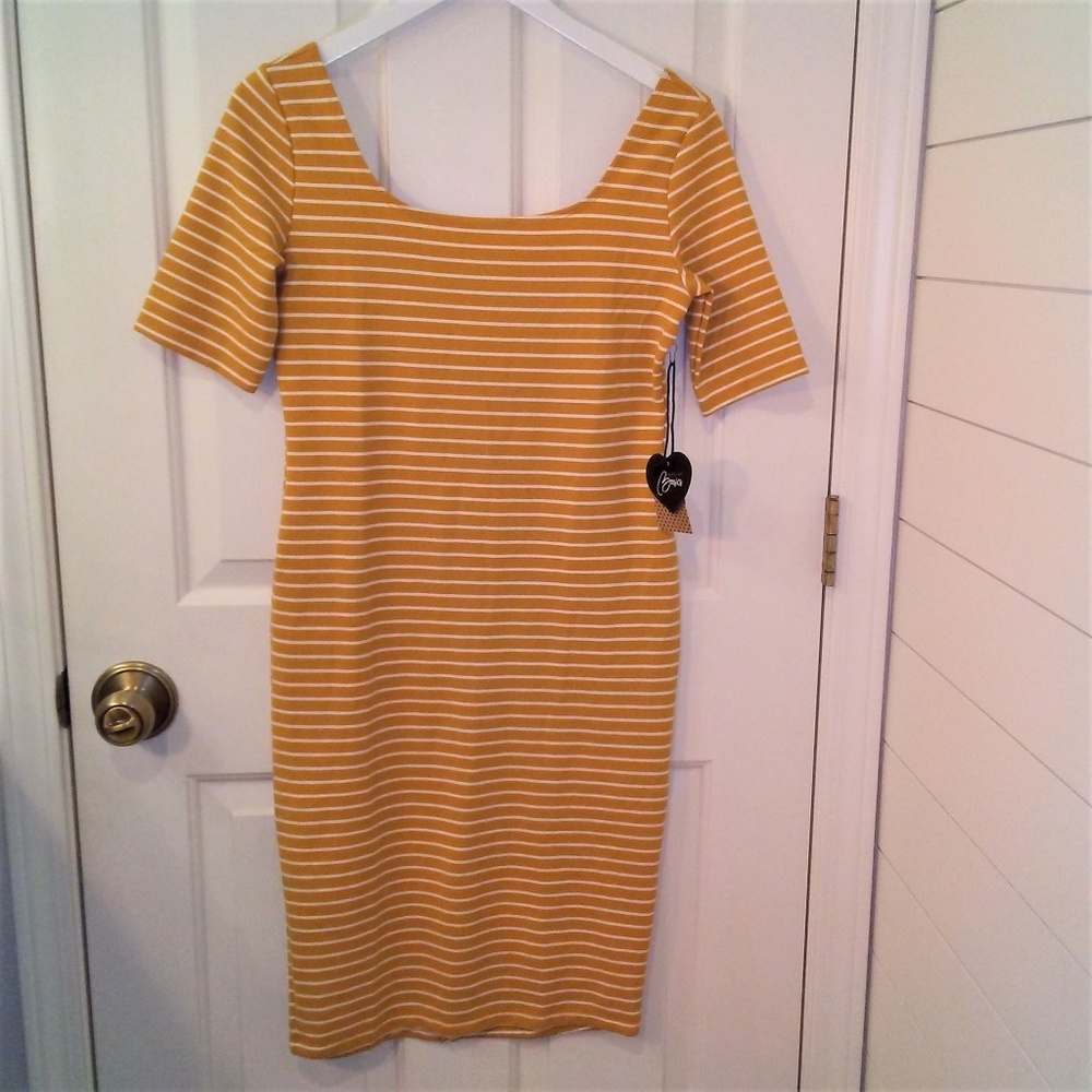 Popular‎ Basics Dress Yellow White Stripe Knit Exposed Back Zipper Womens Large
